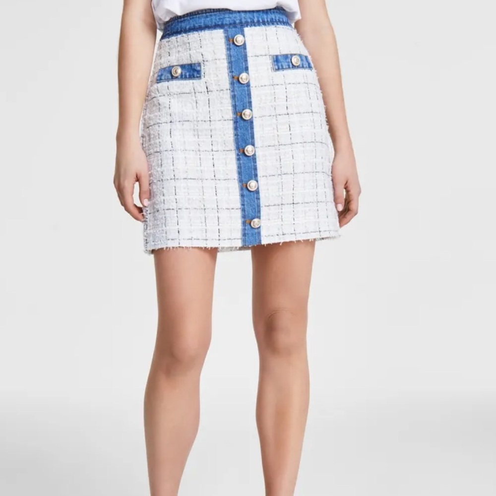 Guess Women's Mix Media Natalie Tweed Mini Skirt Plaid White Combo Size M